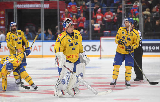 Sweden's goalie Lars Johansson reacts