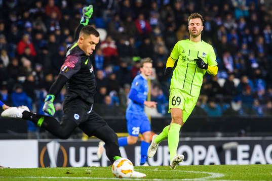 Goalkeeper Danny Vukovic of Genk and Patrick Mortensen of