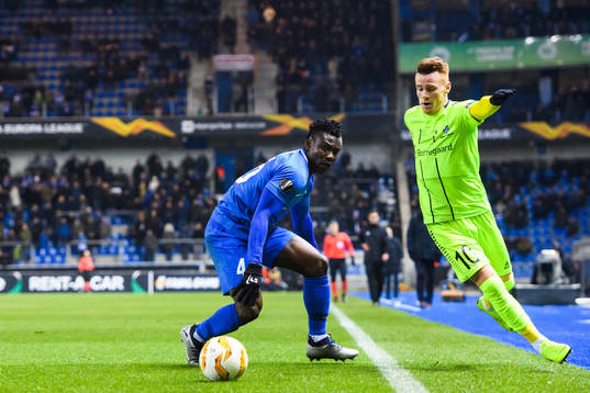 Tobias Heintz of Sarpsborg 08 and Joseph Aidoo of Genk