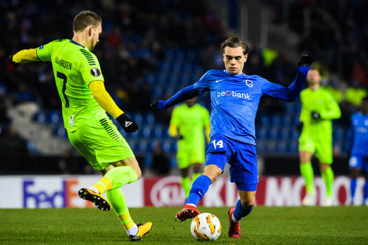 Ole Jørgen Halvorsen of Sarpsborg 08 and Leandro Trossard