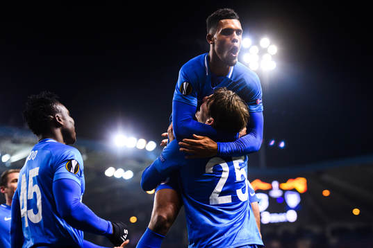 Sander Berge of Genk celebrates with teammates