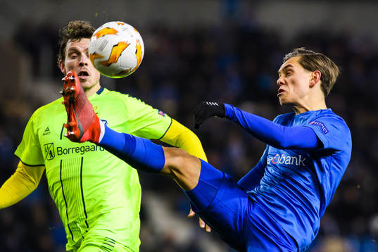 Jørgen Horn of Sarpsborg 08 and Leandro Trossard of Genk