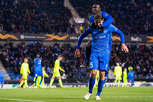 Sander Berge of Genk celebrates with his teammate Joseph
