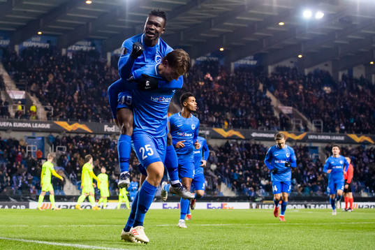 Sander Berge of Genk celebrates with his teammate Joseph