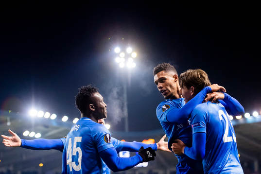 Sander Berge of Genk celebrates with his teammates Joseph