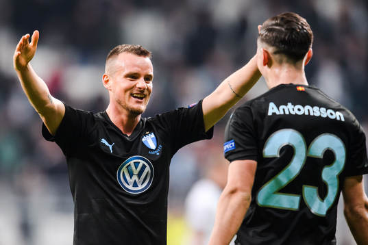 Eric Larsson celebrates with Lasse Nielsen of Malmö FF