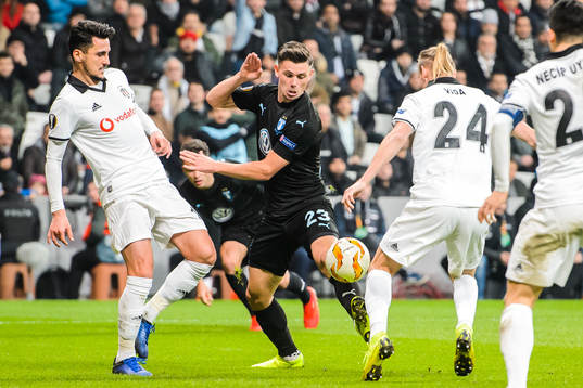Marcus Antonsson of Malmö FF in a duel with Mustafa