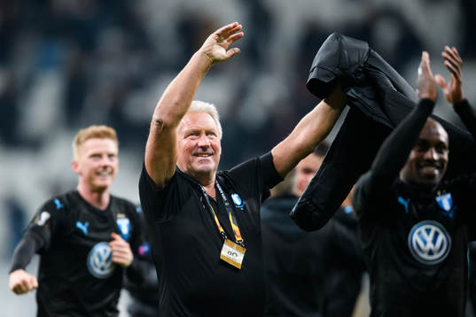 Swidde Nilsson, equipment manager of Malmö FF celebrates
