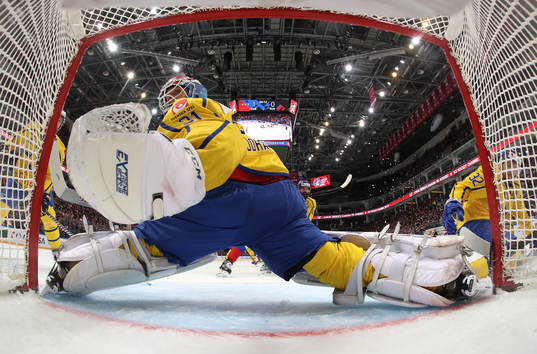 Sweden's goalie Lars Johansson misses a goal
