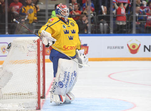 Sweden's goalie Lars Johansson reacts