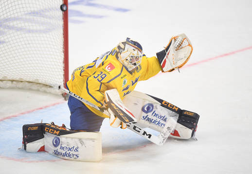 Sweden's goalie Adam Reideborn concedes third goal