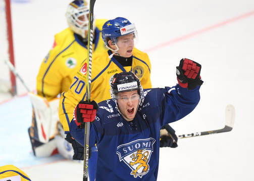 Finland's Antti Kalapudas celebrates his team's goal