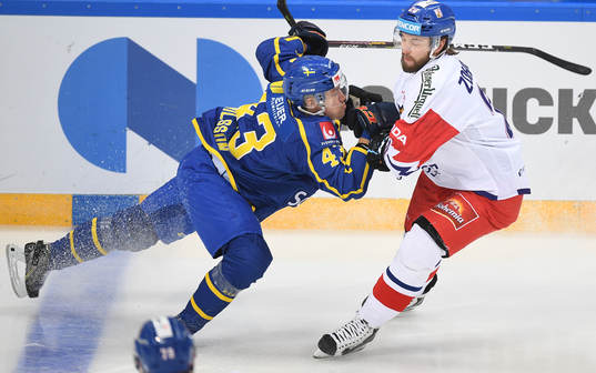Czech Republic's Hynek Zohorna, right, holds Sweden's Tom