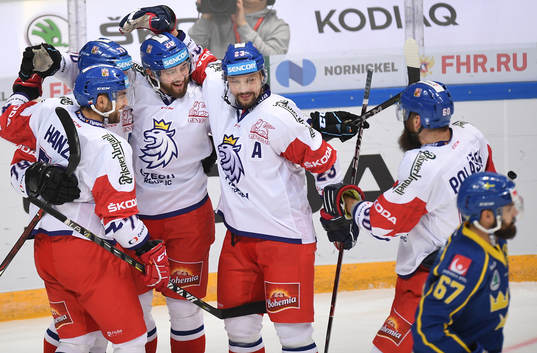 Czech Republic's players celebrate team's goal