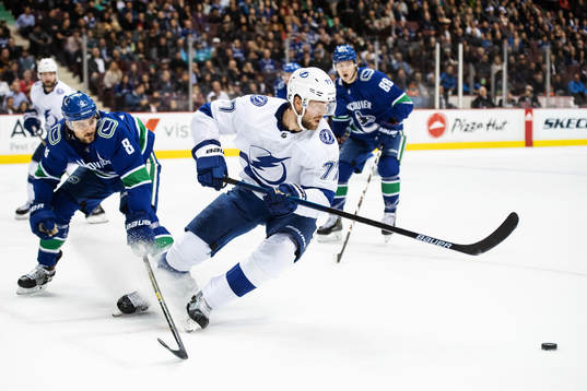 Christopher Tanev of Vancouver Canucks and Victor Hedman of