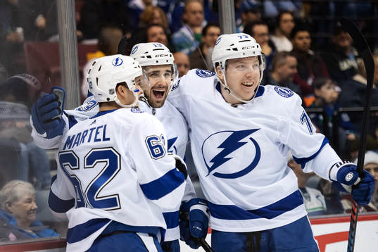 Danick Martel, Cedric Paquette and Adam Erne of Tampa Bay