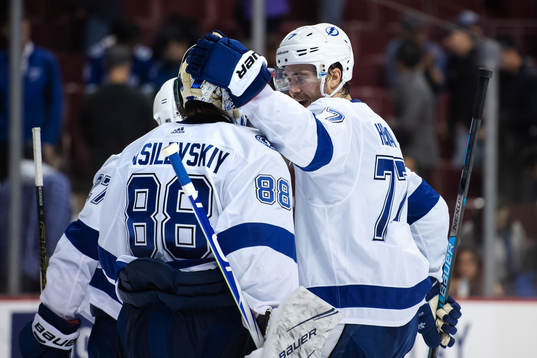 Goalkeeper Andrei Vasilevskiy and Victor Hedman of Tampa