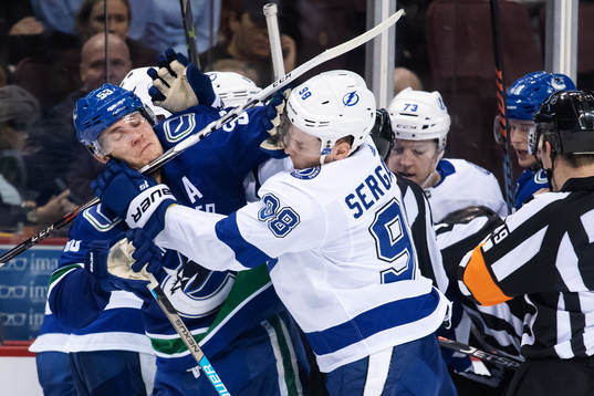 Bo Horvat of Vancouver Canucks and Mikhail Sergachev of