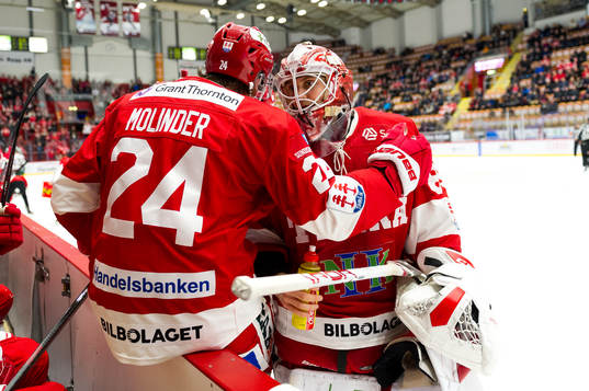 Timrås Andreas Molinder i samtal med målvakt Niklas