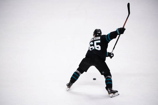 Erik Karlsson of San Jose Sharks prepares to take a shot
