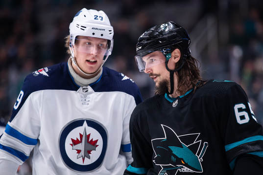 Patrik Laine of Winnipeg Jets and Erik Karlsson of San Jose