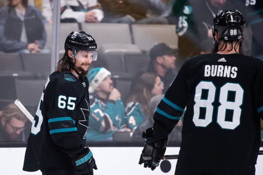 Erik Karlsson and Brett Burns of San Jose Sharks
