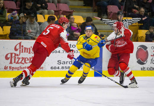 Denmark defenceman Lasse Carlsen (5) and  forward Lucas