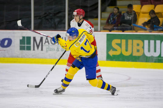 Sweden forward Filip Sveningsson (17)  in action  against