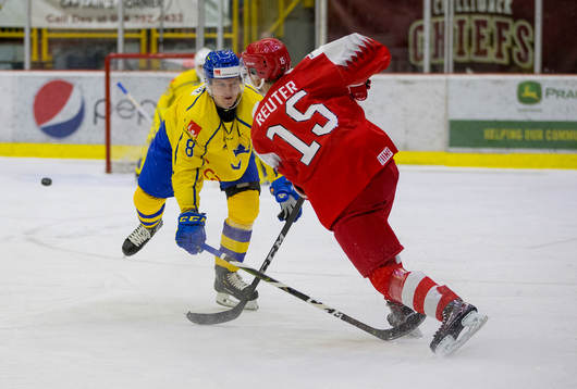 Sweden defenceman Rasmus Sandin (8) blocks a shot taken by