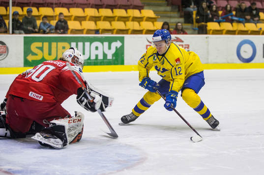 Sweden defenceman Erik Brännström (12) shoots