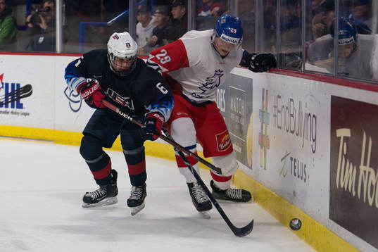 Jack Hughes #6 of the United States and Jachym Kondelik #29