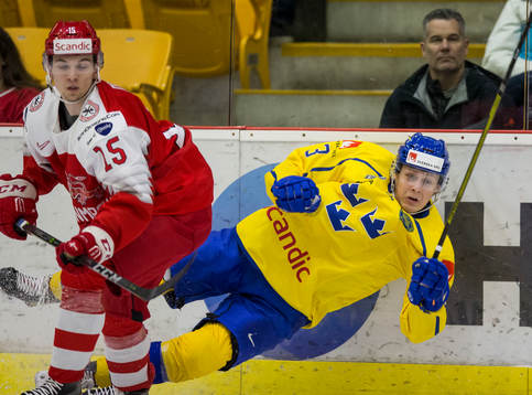 Denmark forward Oliver Reuter (15) checks Sweden defenceman