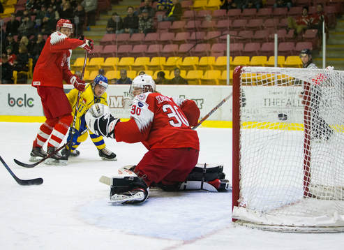 Denmark defenceman Malte Setkov (3) and Sweden forward