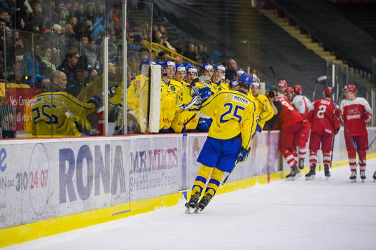 Sweden defenceman Philip Broberg (25) celebrates his second