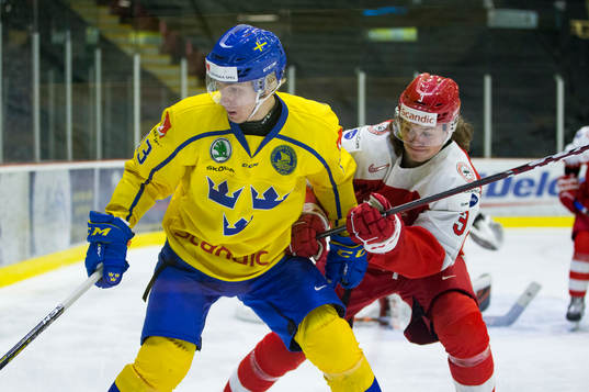 Denmark defenceman Malte Setkov (3)  checks Sweden forward