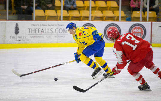 Sweden forward Filip Sveningsson (17)  in action  against