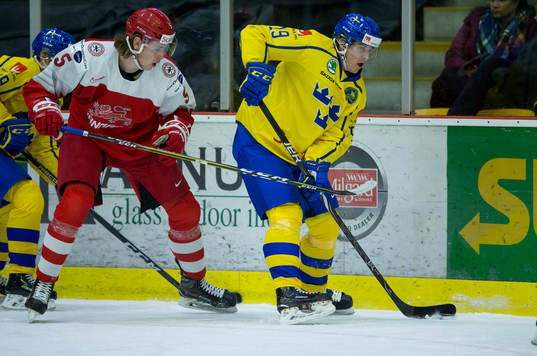 Denmark defenceman Lasse Carlsen (5)  checks Sweden forward