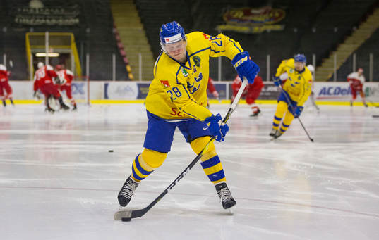 Sweden forward Fabian Zetterlund in action  against Denmark