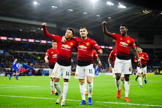 Jesse Lingard, Andreas Pereira and Paul Pogba of Manchester