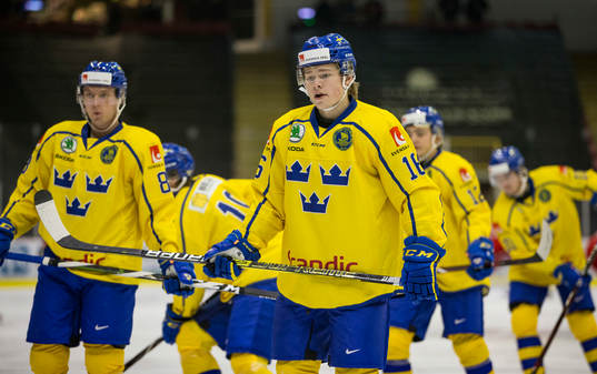Sweden defenceman Filip Westerlund (16)  against Denmark