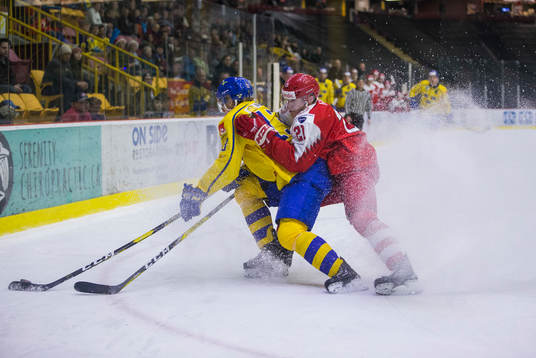 Denmark forward Phillip Schultz (27) checks Sweden forward