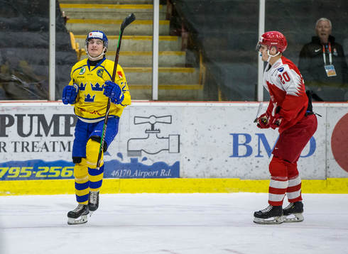 Denmark forward Lukas Bach Nielsen (20) looks