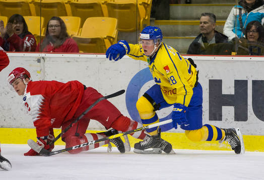 Sweden forward Jacob Olofsson (18) checks Denmark