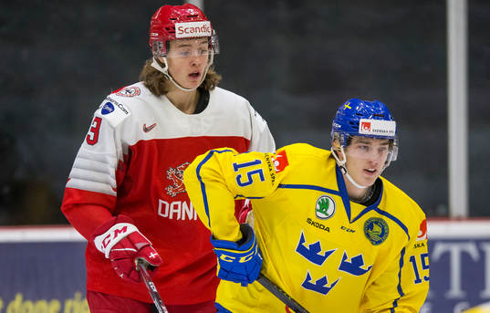 Denmark defenceman Malte Setkov (3)  battles with Sweden