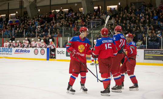 Russia forward Vitalii Kravtsov (14) and forward Nikolay
