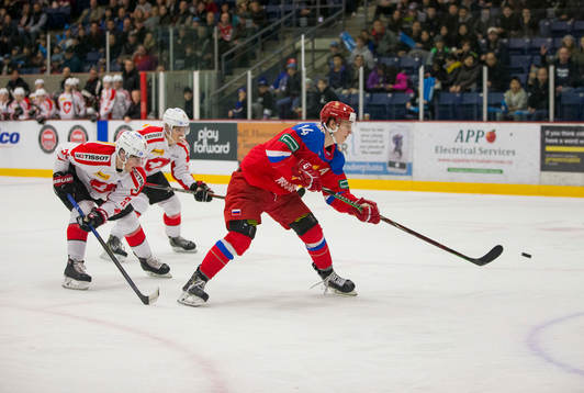 Russia forward Vitalii Kravtsov (14) scores in overtime