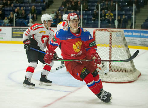 Russia forward Vitalii Kravtsov (14) celebrates his