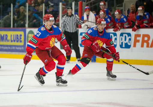 Russia forward Ivan Muranov (23)  and Russia forward Pavel