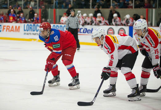 Russia forward Stepan Starkov (10)  and Switzerland forward