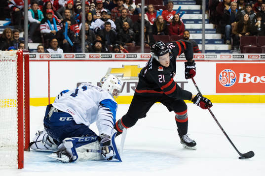 Goalkeeper Ukko-Pekka Luukkonen of Finland is being